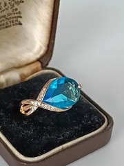 Vintage 1990-s 14 Ct Rolled Gold Blue Topaz Ring Size UK O US 7 1/2- Hallmarked