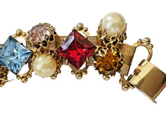 Victorian Revival Gold Tone Multicolored Rhinestone & Pearl Book Chain Bracelet