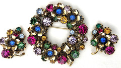 Vintage Austria Multi Color Rhinestones Flower Brooch & Clip Earrings Set