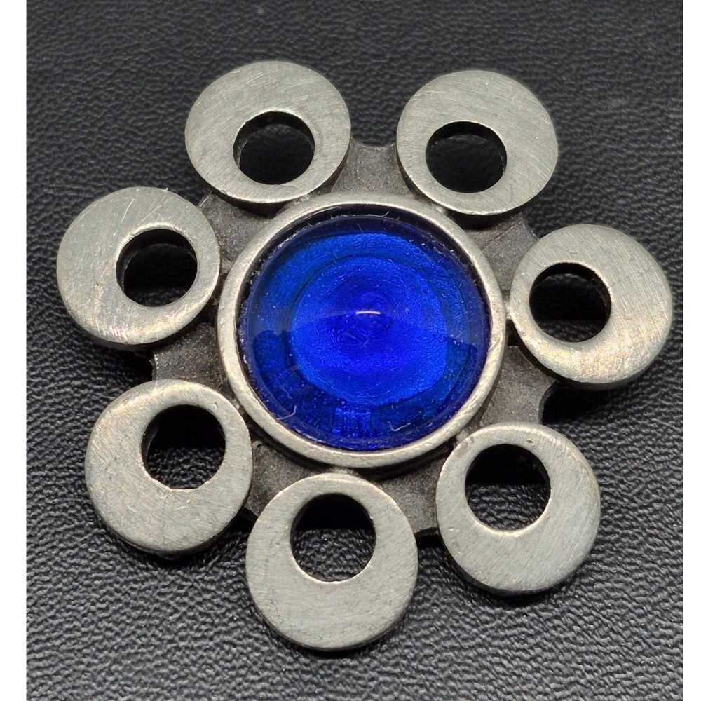 Vintage Rune Tennesmed Sweden Brooch Blue Glass Cabochon Pewter Flower Pin