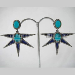 Vintage 1.95ctw Rose Cut Diamond Turquoise Enamel Silver Amazing Earring Jewelry