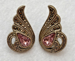 Vintage Pink Teardrop Earrings Marcasite Style Silver Tone