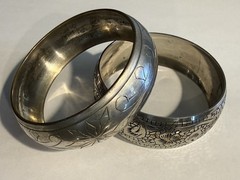 LOT OF 2 VINTAGE ETCHED SILVER PLATED PEWTER WIDE BANGLE BRACELETS