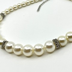Vintage Cream Faux Pearl Graduated Choker Necklace with Rhinestone Rondelles
