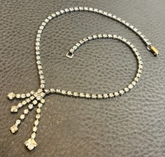 Vintage Clear Rhinestone Asymmetrical Lavalier Dangle Fringe Art Deco Necklace