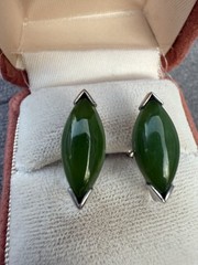 Vintage MCM 14k White Gold Retro Marquise Nephrite Jade Screw Back Earrings 4gm