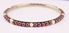 Elegant Vintage Garnet 🫧Pearl Bead Bangle Bracelet 7″ Med Silver Plated