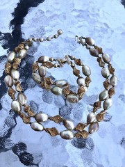 Vtg MCM Crown Trifari Faux Baroque Pearl Swirl Gold Spike Necklace & Bracelet
