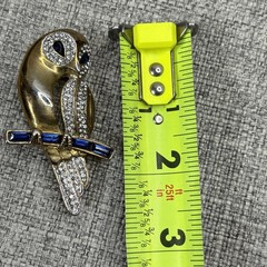 Vintage Gold Tone Owl Brooch Blue Baguette Eyes Rhinestone Pave Figural Pin