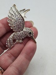 Vintage HummingBird In Flight Brooch Pin Silver Tone Rhinestones With Green Eye