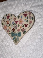 Beautiful Hand Painted Colorful Floral Heart Shaped Brooch Signed THW