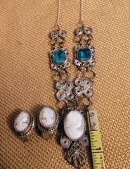 Vintage Cameo Blue Glass Silver Necklace 22″ and Italian earrings marked GM