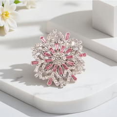 BROOCH- Beautiful Pink and Clear Rhinestone Snowflake, Silvery Metal Tone