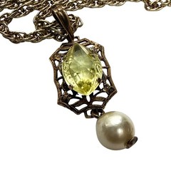 Vintage Filigree Pendant Necklace Yellow Citrine Glass Pearl Drop Gift For Her