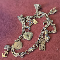 Vintage Sterling Charm Bracelet & 16 Unusual Sterling Silver Charms 7” L -25Gr