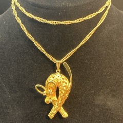 24″ Mid Centurey Gold Tone Woven Metal Dog W Rhinestones Eyes & Nose Necklace