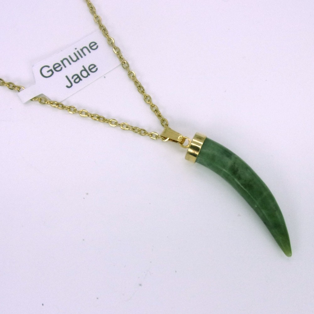 Carved Jade Horn Necklace,Vintage 1970s Horn Necklace,New Old Stock Gold Finish