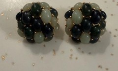 Vintage Joan Rivers Green Jade Beaded Cluster Stud Earrings, Gold Tone