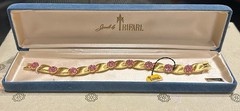 NWT Original Box Crown Trifari October Birthday Gold Ribbon Pink Stone Bracelet