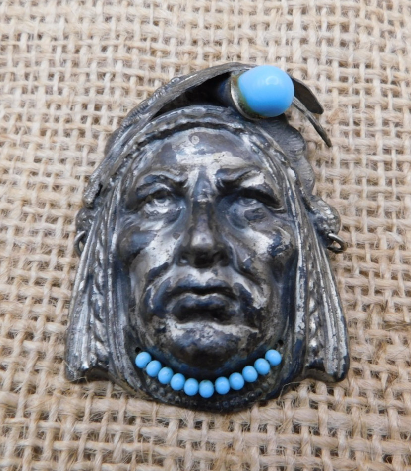 Vtg Souvenir American Indian 3D Brooch Pin Pressed Tin/Zinc/Pewter w/ Blue Beads