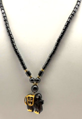 Vintage Hematite & Brass Lucky Elephant Necklace Amulet w/ fish hook clasp 16″