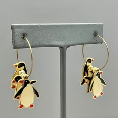 Berebi Earrings Women Gold Enamel Penguin Animal Charm Dangle Hoop 1.75 Inch