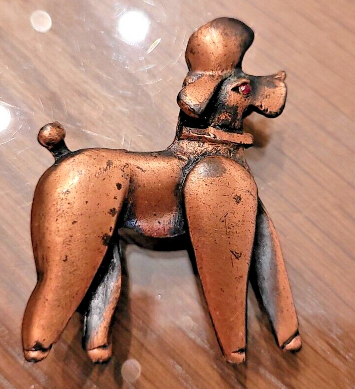 Vintage Rare Copper Plated Pewter Sassy Poodle Brooch Pin