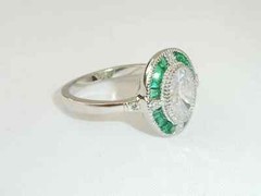 Art Deco Style Lab Created Diamond & Emerald Engagement 14K White Gold FN Ring