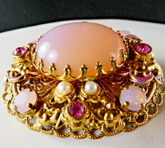 Vintage West Germany Opaline Pink Glass & Rhinestone Filigree Pin Brooch Oval