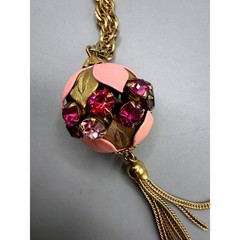 Vintage Gold Tone Orb Pendant Necklace Pink Enamel Rhinestone Tassel 28 Inch