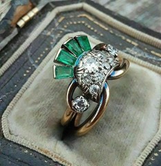 Art Deco Style Lab Created Diamond Emerald 14k Yellow Gold FN Engagement Ring