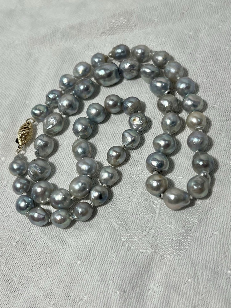 Japanese Silver-Blue Baroque Saltwater Akoya Pearl Necklace 14k clasp 6-9.5mm