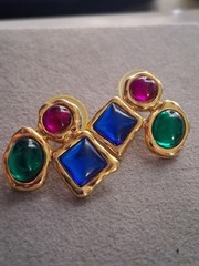 1980s bold runway earrings, glass cabochon trio, geometric, asymmetrical