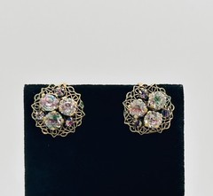 Vtg CZECH Screw-back Cluster EARRINGS and BRACELET SET-Gold Tone-RHINESTONE
