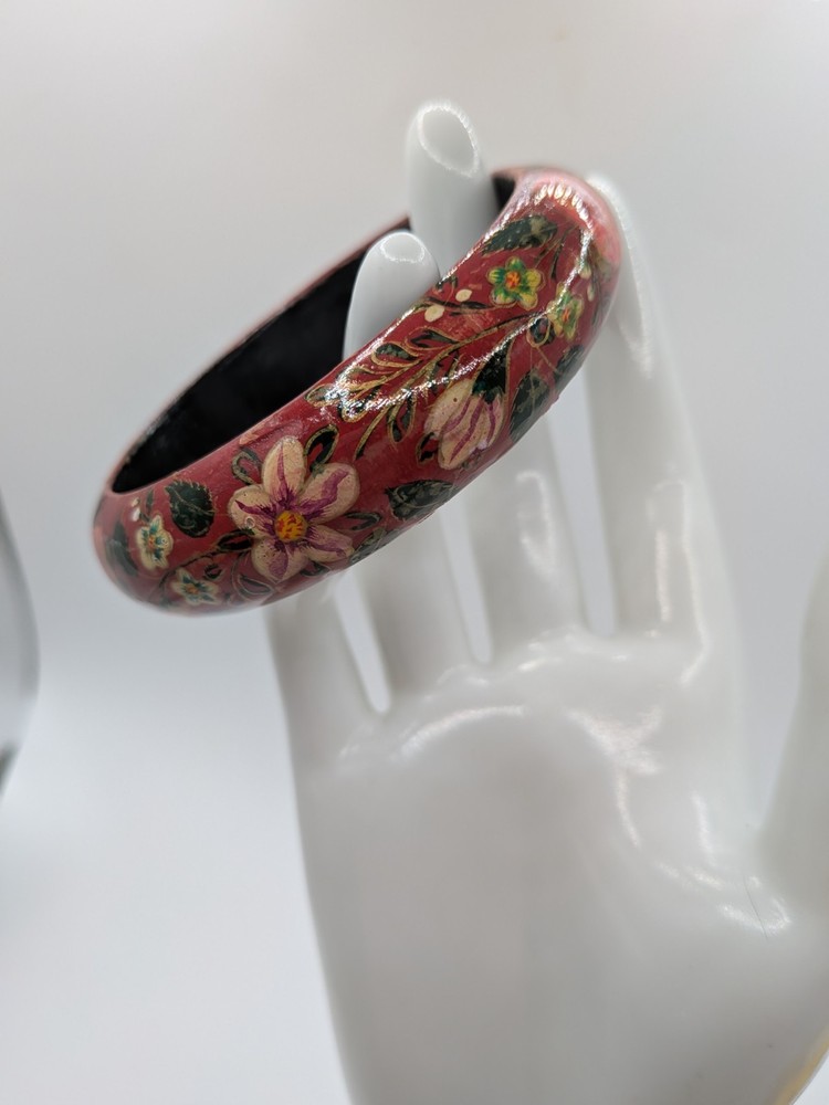 Vintage Russian Style Folk Art Hand Painted Floral Bangle Bracelet Red Laquer