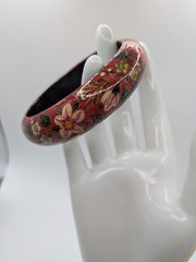 Vintage Russian Style Folk Art Hand Painted Floral Bangle Bracelet Red Laquer