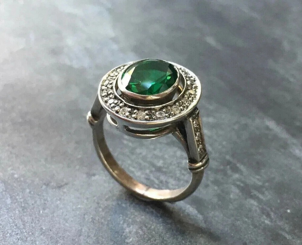 Art Deco Style Edwardian Lab Created Emerald Anniversary 14K White Gold FN Ring