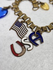 VTG United States US History Charm Bracelet Brass Enamel Bookchain Heart Charms