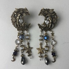Vtg Kirks Folly Fairy Dangle Earrings Celestial Heart Crescent Moon Star Whimsy