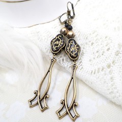 Antique Brass Dangle Earrings Black Gold Floral Acrylic Beaded Victorian Jewelry