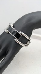 Vintage MONET Bracelet Earrings Set Black Enamel Silver Tone Modernist Demi Paru