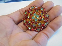 Antique marked Czechoslova. Rhinestone Burst Brooch pin red/blue stones Czech