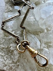 Art Deco 12K Gold Filled Two Tone Bar Link Watch Chain 14″ Swivel Dog Clip