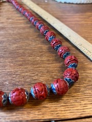 Carved Cinnabar Bead and Enameled Blue Metal Cap Vintage Beaded Necklace – 26”