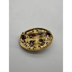 Vintage Victorian Revival Gold Tone Filigree Oval Brooch Faux Pearl Red Rose