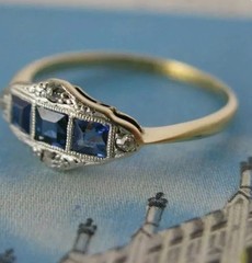 Art Deco Vintage Style Sapphire Lab Created Diamond 14K Gold FN Engagement Ring