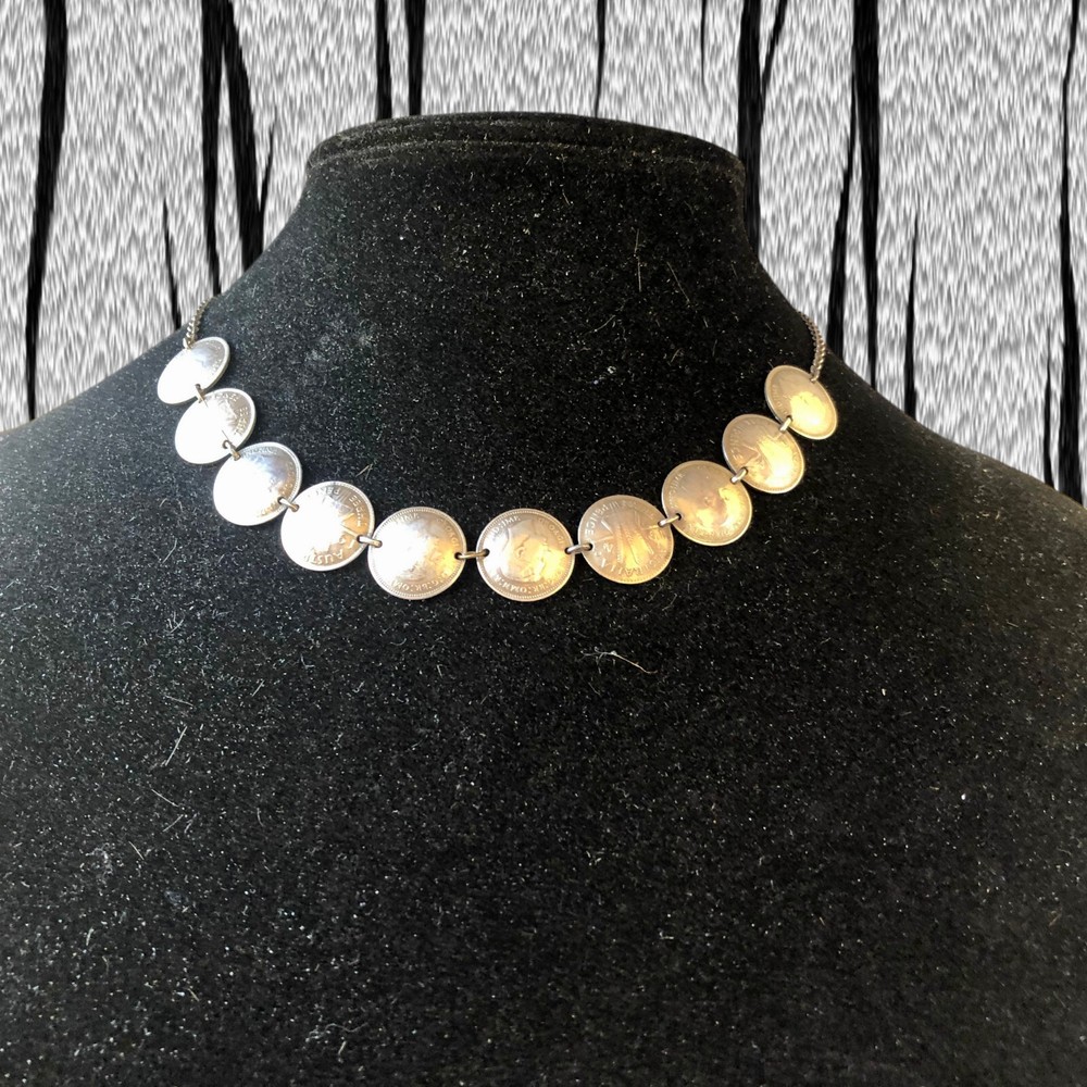 Silver Coins from Australia Necklace Three Pence 1943 Choker 15″