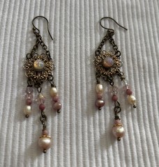 Vintage Boho Earrings Brass-Tone w/Opal-Glass on Alloy Filigree, Pearl+ danglers