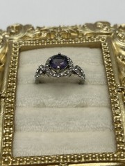 Silver Tone Purple Amethyst Halo Statement Ring Size 8.5 Vintage Costume Jewelry