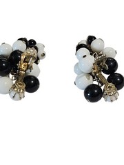 Vintage Plastic Bead Cluster Dangle Clip On Earrings 2 inches Black and White